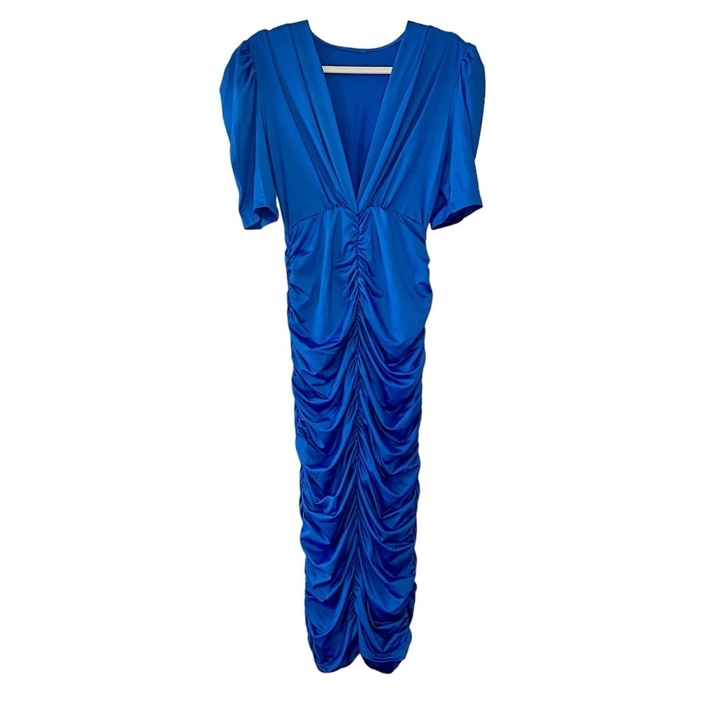 NWT Blue Sexy Ruched Dress with V-Neck - Picture 4 of 11